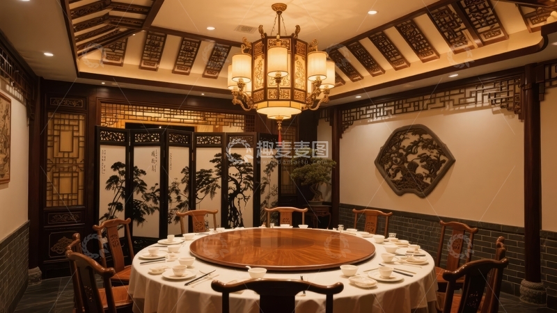 高清大图下载【趣麦麦图】中式风格餐厅内景配有圆形餐桌和吊灯