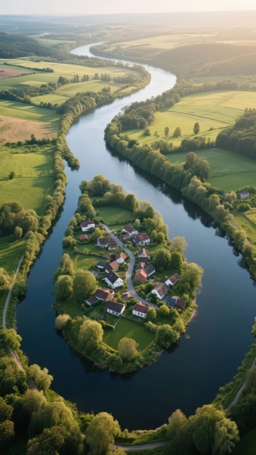 河流蜿蜒穿过绿野环绕的村庄航拍景象