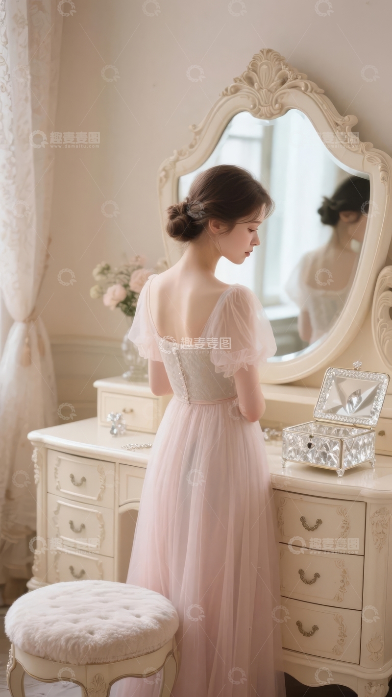女子身着粉色礼服在古典梳妆台前