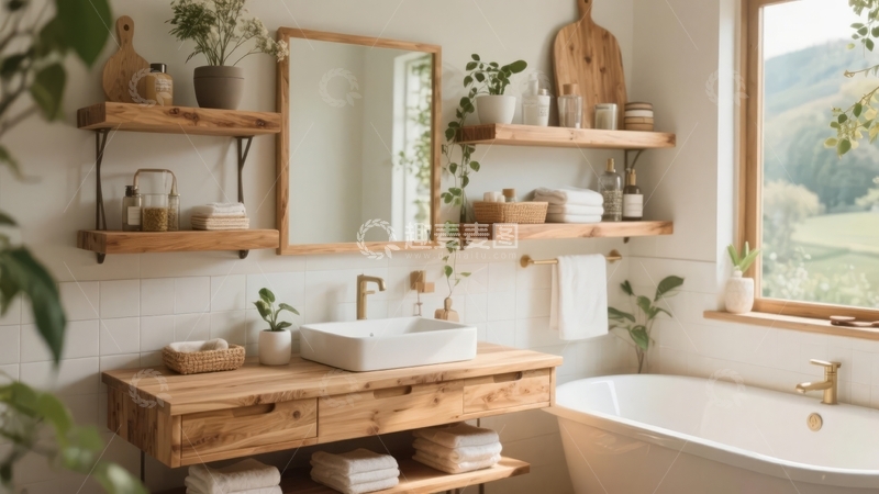 高清大图下载【趣麦麦图】现代简约风格浴室配备木质洗手台和浴缸