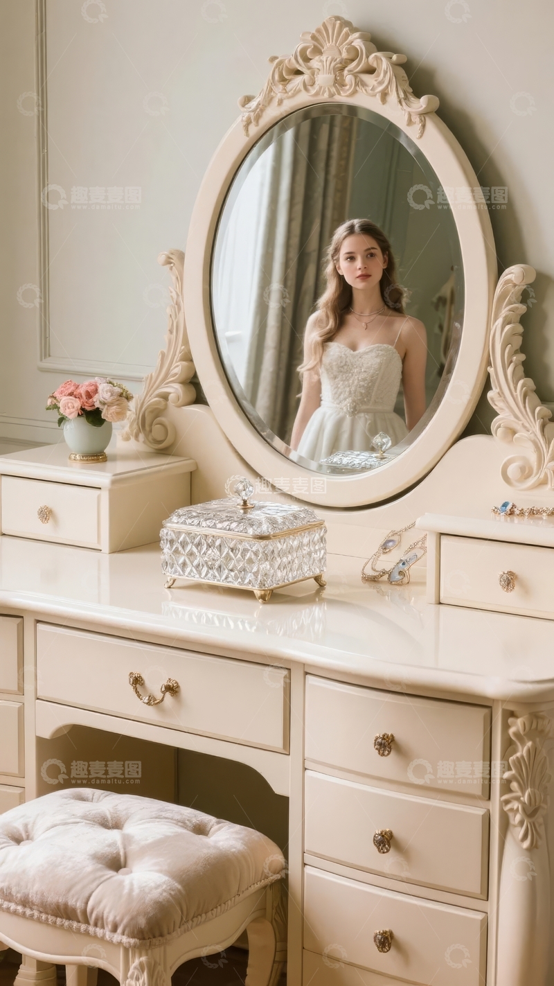 高清大图下载【趣麦麦图】古典风格梳妆台配华丽镜子和精致饰品