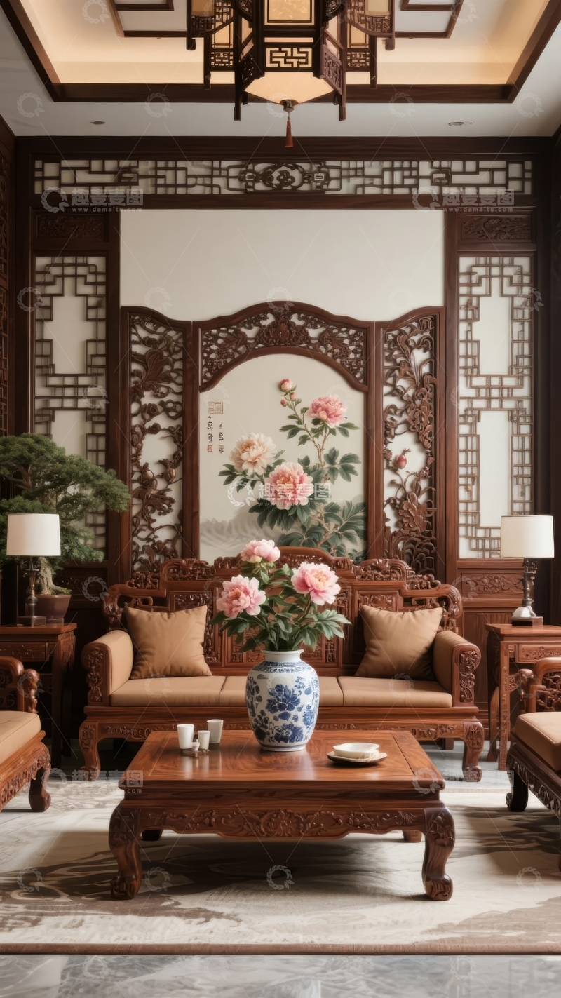高清大图下载【趣麦麦图】中式古典风格客厅装饰精美家具与花卉摆设