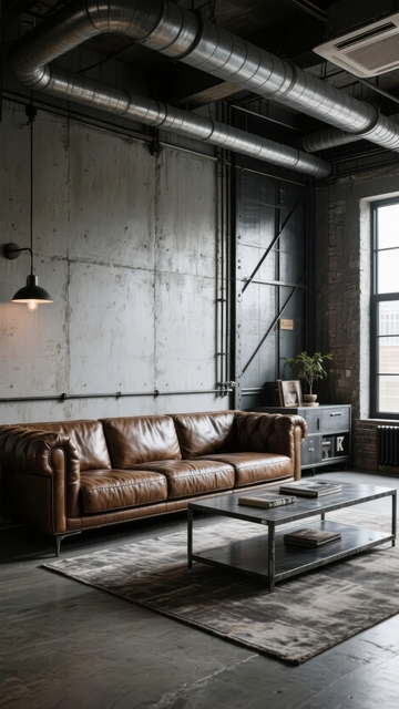 工业风客厅展示裸露管道与皮革沙发