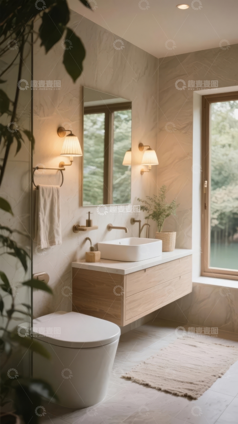 高清大图下载【趣麦麦图】现代简约风格浴室设计窗边绿植点缀