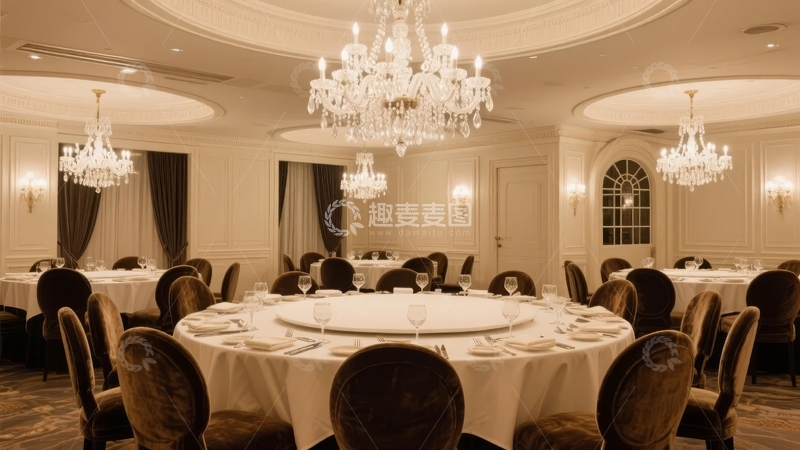 高清大图下载【趣麦麦图】豪华宴会厅内圆形餐桌配以精致吊灯和优雅座椅