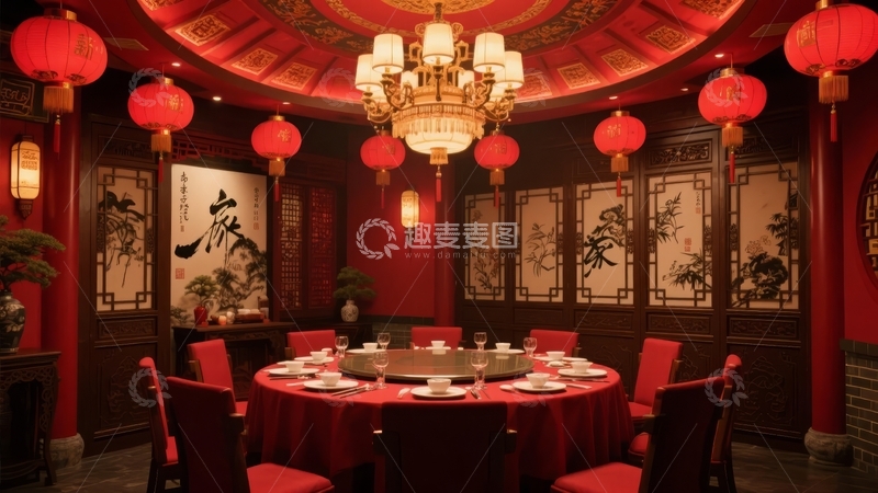 高清大图下载【趣麦麦图】中式风格餐厅内部装饰豪华餐桌布置精致