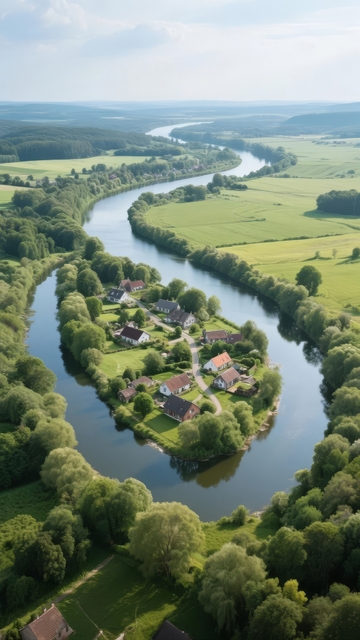 蜿蜒河流旁的乡村小镇风光