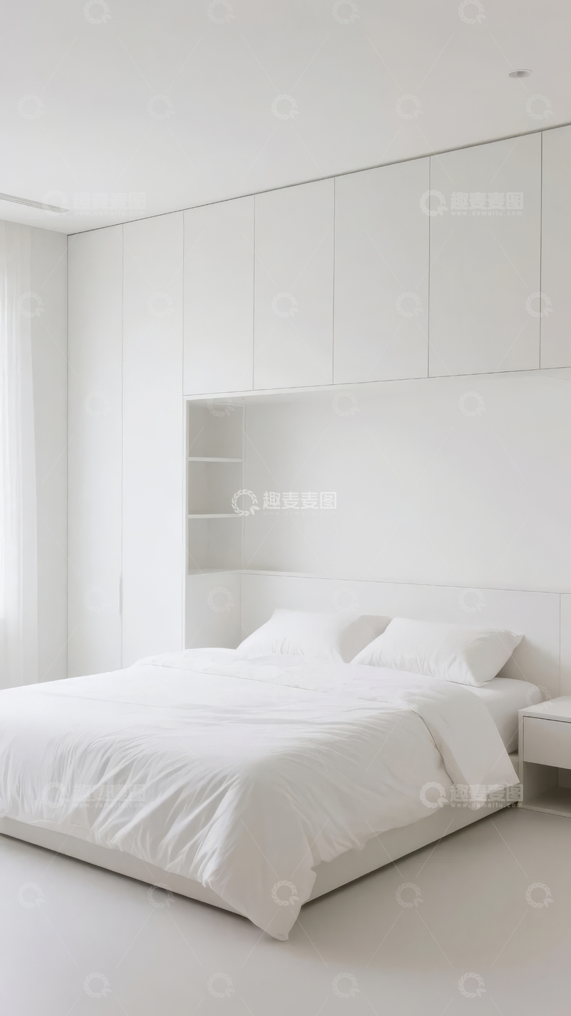 高清大图下载【趣麦麦图】现代简约风格白色卧室床铺与嵌入式衣柜设计