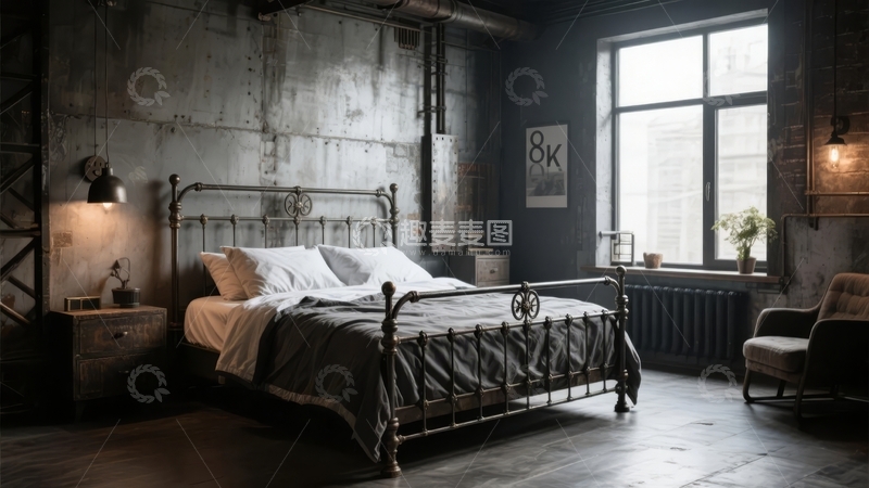 高清大图下载【趣麦麦图】工业风卧室设计床头灯与大窗户营造复古氛围