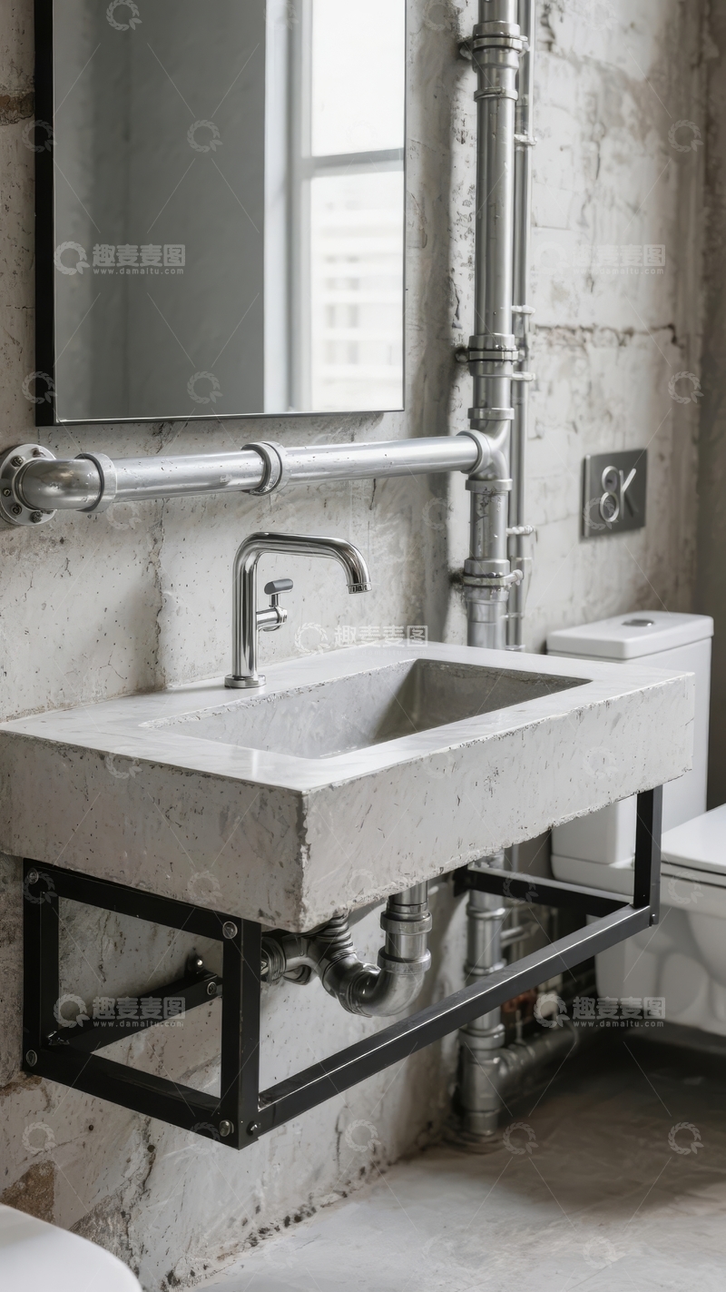 高清大图下载【趣麦麦图】工业风格浴室墙面管道与混凝土洗手池设计