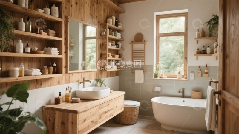 高清大图下载【趣麦麦图】木质风格浴室配备浴缸洗手台和储物架