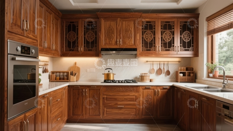 高清大图下载【趣麦麦图】现代中式风格木质橱柜厨房整体设计