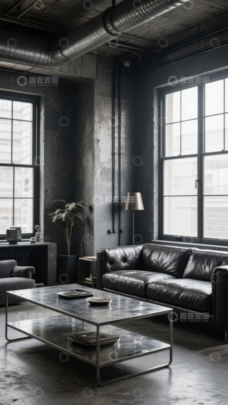 高清大图下载【趣麦麦图】工业风客厅空间展示大窗户与皮革沙发