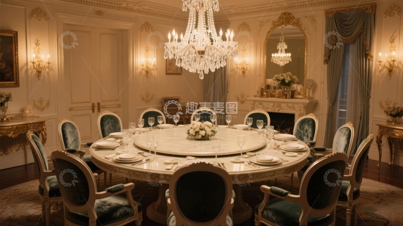 高清大图下载【趣麦麦图】豪华餐厅内景圆形餐桌配水晶吊灯