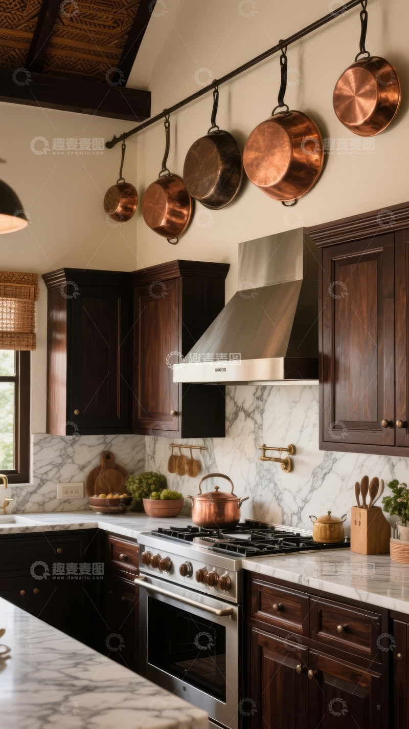高清大图下载【趣麦麦图】现代厨房悬挂铜锅装饰大理石台面