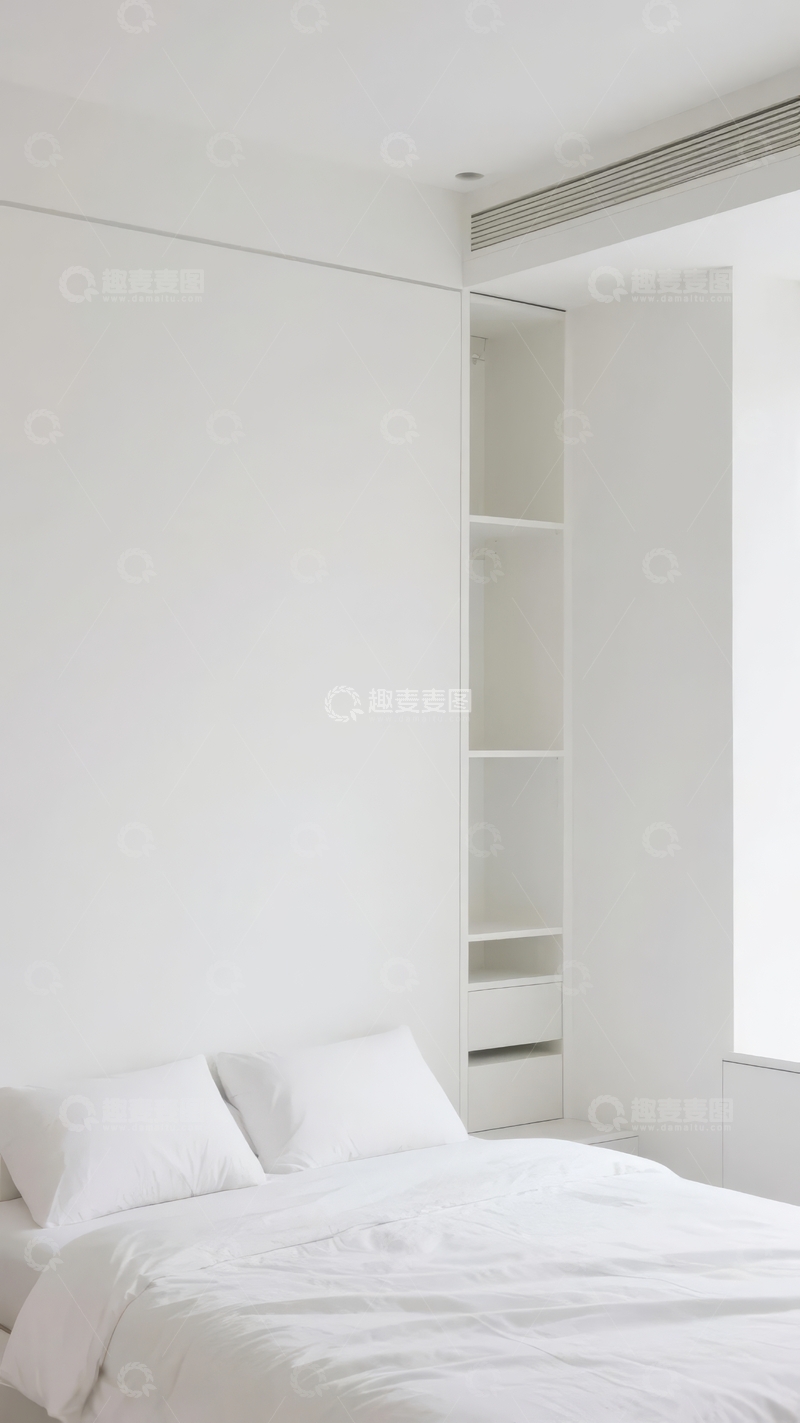 高清大图下载【趣麦麦图】简约白色卧室床铺整洁窗边光线充足