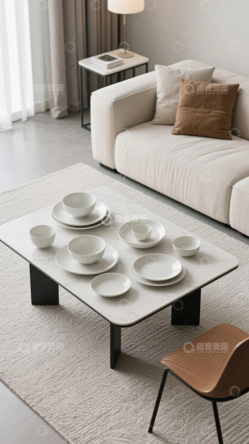 高清大图下载【趣麦麦图】现代简约客厅摆放白色餐具与米色沙发