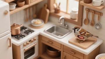 微型厨房场景中一只小鸟站在砧板上