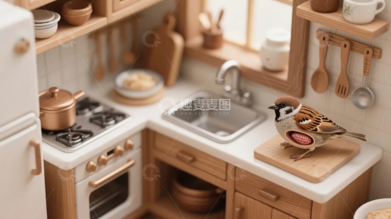 高清大图下载【趣麦麦图】微型厨房场景中一只小鸟站在砧板上