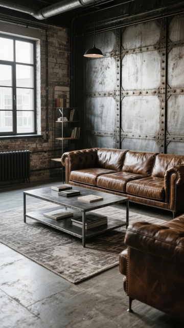 工业风客厅棕色皮沙发与砖墙装饰