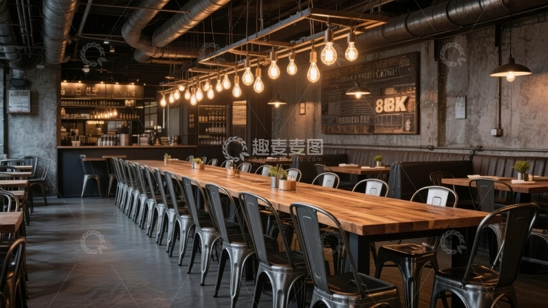 高清大图下载【趣麦麦图】工业风格餐厅长桌与金属椅排列整齐