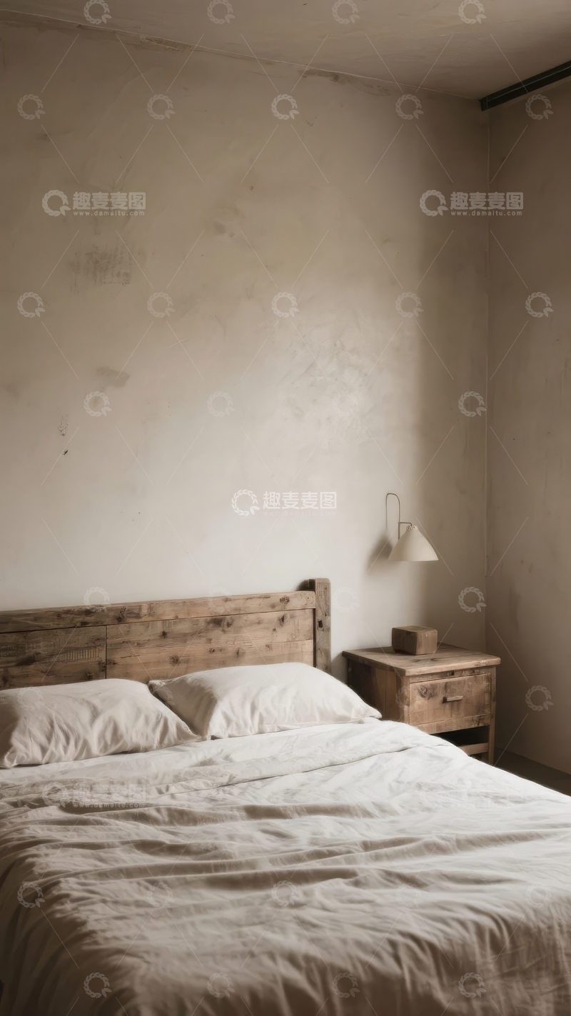 高清大图下载【趣麦麦图】简约风格卧室中的木质床与柔和光线