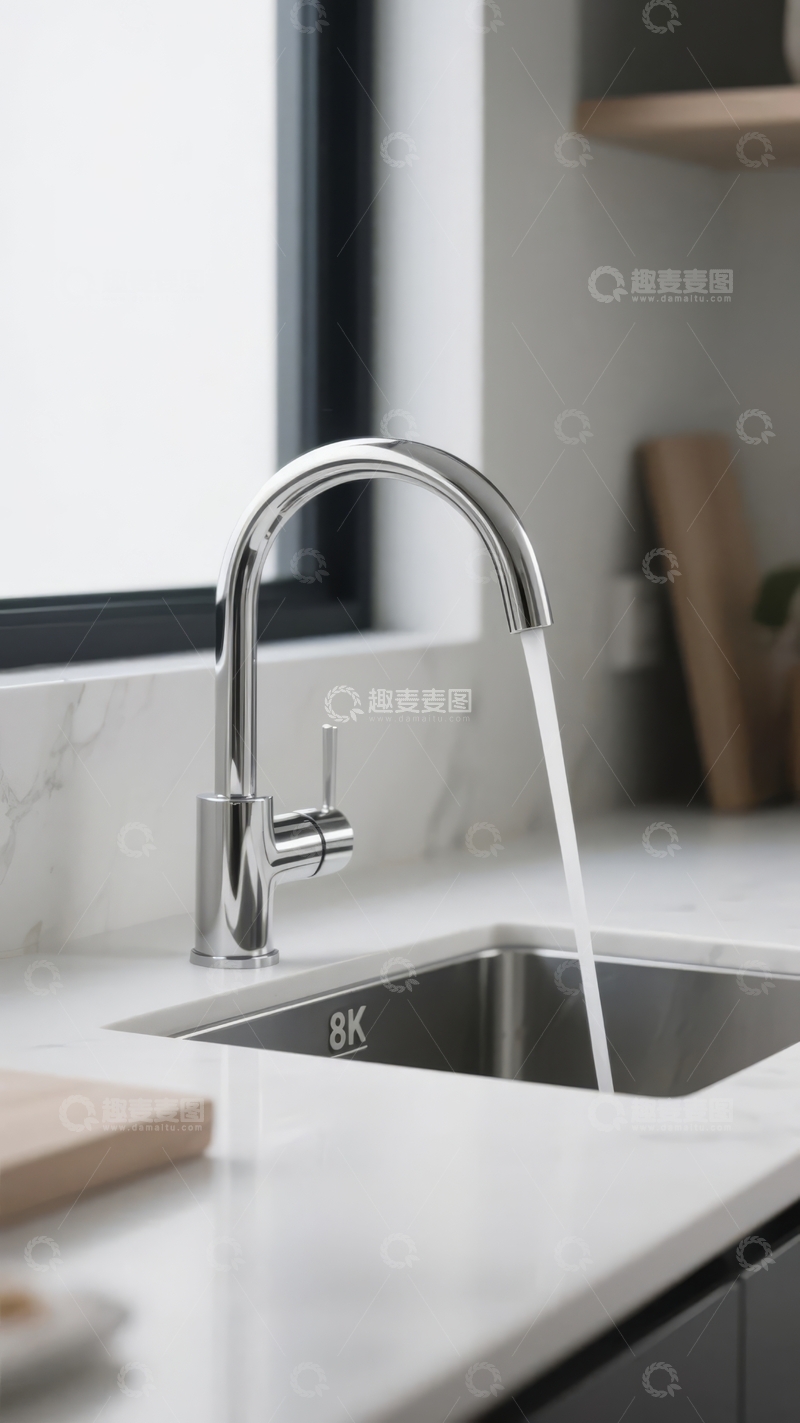 高清大图下载【趣麦麦图】-现代厨房水槽龙头流水特写