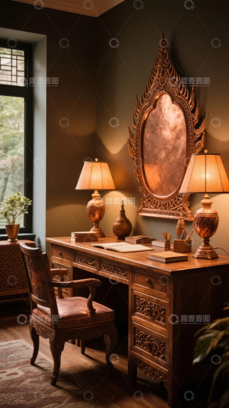高清大图下载【趣麦麦图】古典风格书房内摆放着雕花镜子和复古台灯