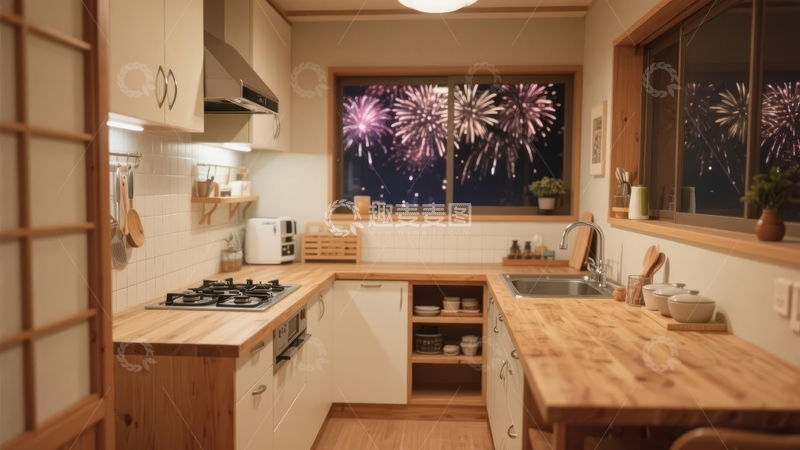 高清大图下载【趣麦麦图】现代厨房窗外烟花绽放夜景