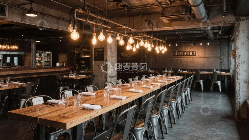 高清大图下载【趣麦麦图】工业风餐厅长桌与金属椅排列整齐