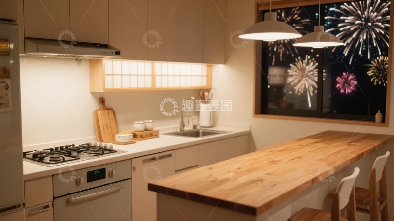 高清大图下载【趣麦麦图】现代厨房内燃放烟花夜景