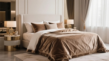 现代卧室中铺有棕色床品的整洁大床