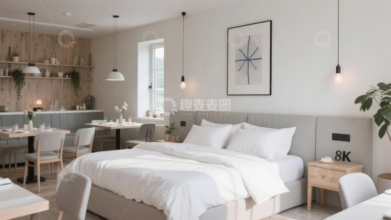 高清大图下载【趣麦麦图】现代简约风格的卧室与开放式厨房相连