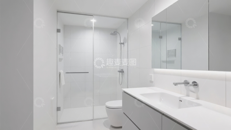 高清大图下载【趣麦麦图】现代简约风格的白色玻璃淋浴间与洗手台