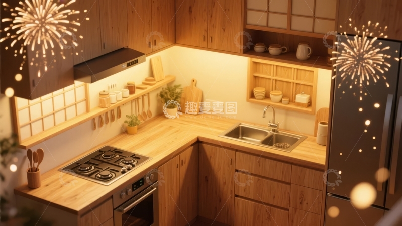 高清大图下载【趣麦麦图】现代木质厨房设计温馨灯光照明