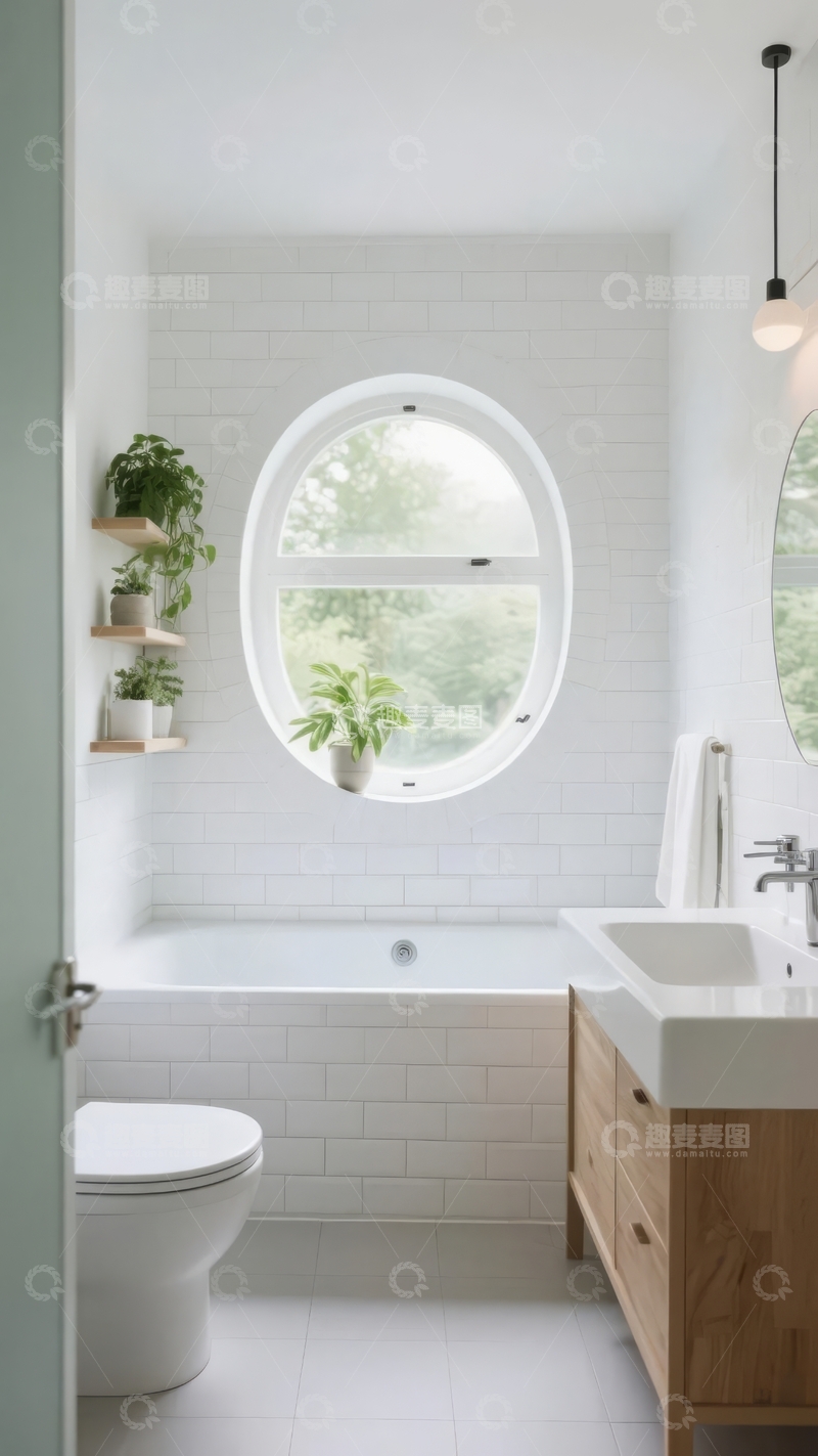 高清大图下载【趣麦麦图】现代简约风格浴室配有圆形窗户和木质洗手台