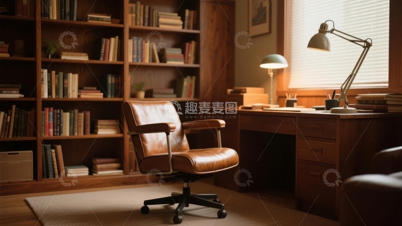 高清大图下载【趣麦麦图】温馨书房内摆放着皮质办公椅和书架