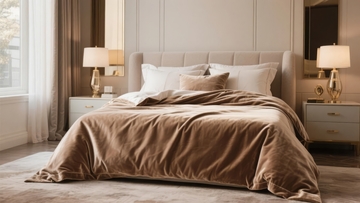 现代卧室中铺有米色绒面床品的舒适床铺