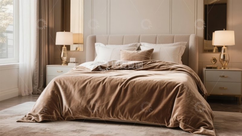 高清大图下载【趣麦麦图】现代卧室中铺有米色绒面床品的舒适床铺