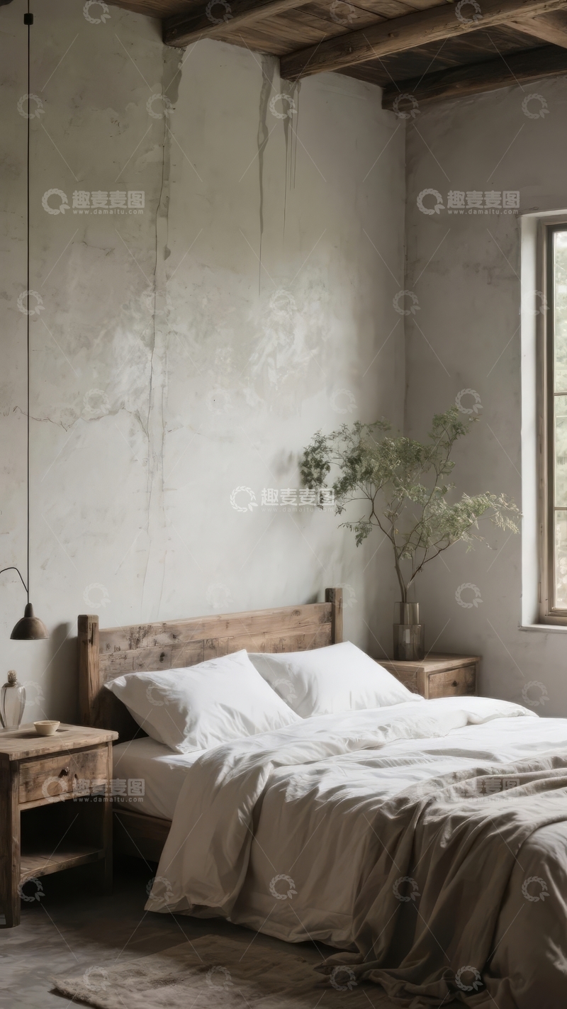 高清大图下载【趣麦麦图】简约工业风卧室以混凝土墙和木质床具为特色