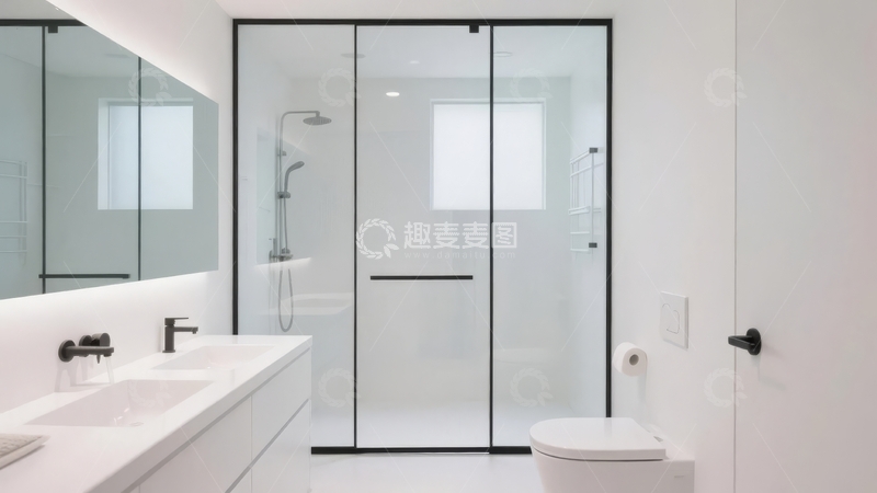 高清大图下载【趣麦麦图】现代简约风格的白色浴室配备玻璃淋浴间和双洗手台