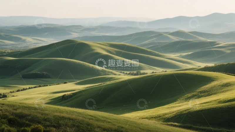 高清大图下载【趣麦麦图】阳光洒在起伏的绿色山丘上展现出宁静自然风光