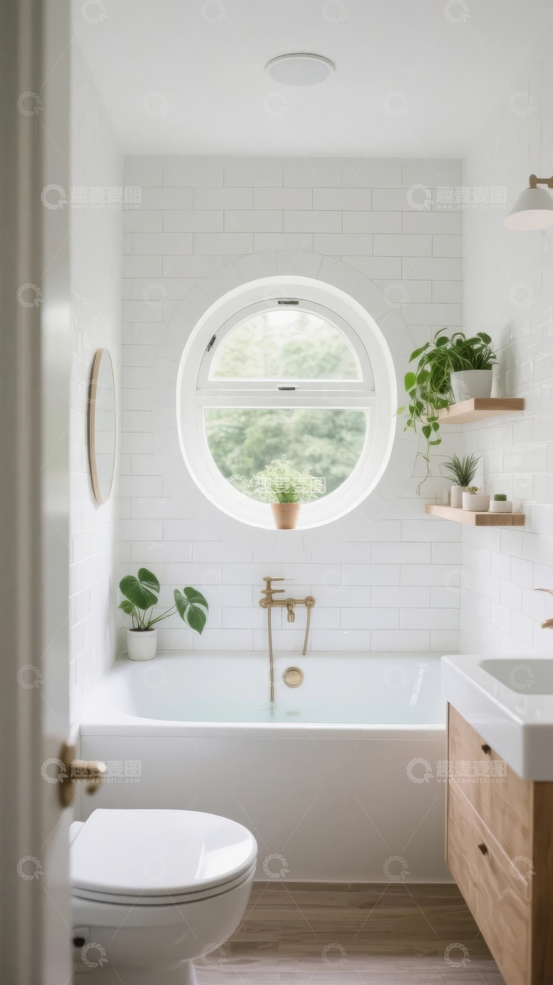 高清大图下载【趣麦麦图】现代简约风格浴室配有圆形窗户和木质装饰