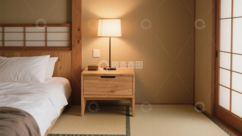 高清大图下载【趣麦麦图】日式风格卧室床头柜与榻榻米地面