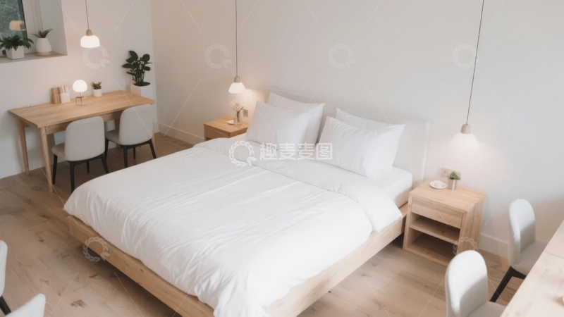 高清大图下载【趣麦麦图】现代简约风格卧室配木质家具和温馨灯光
