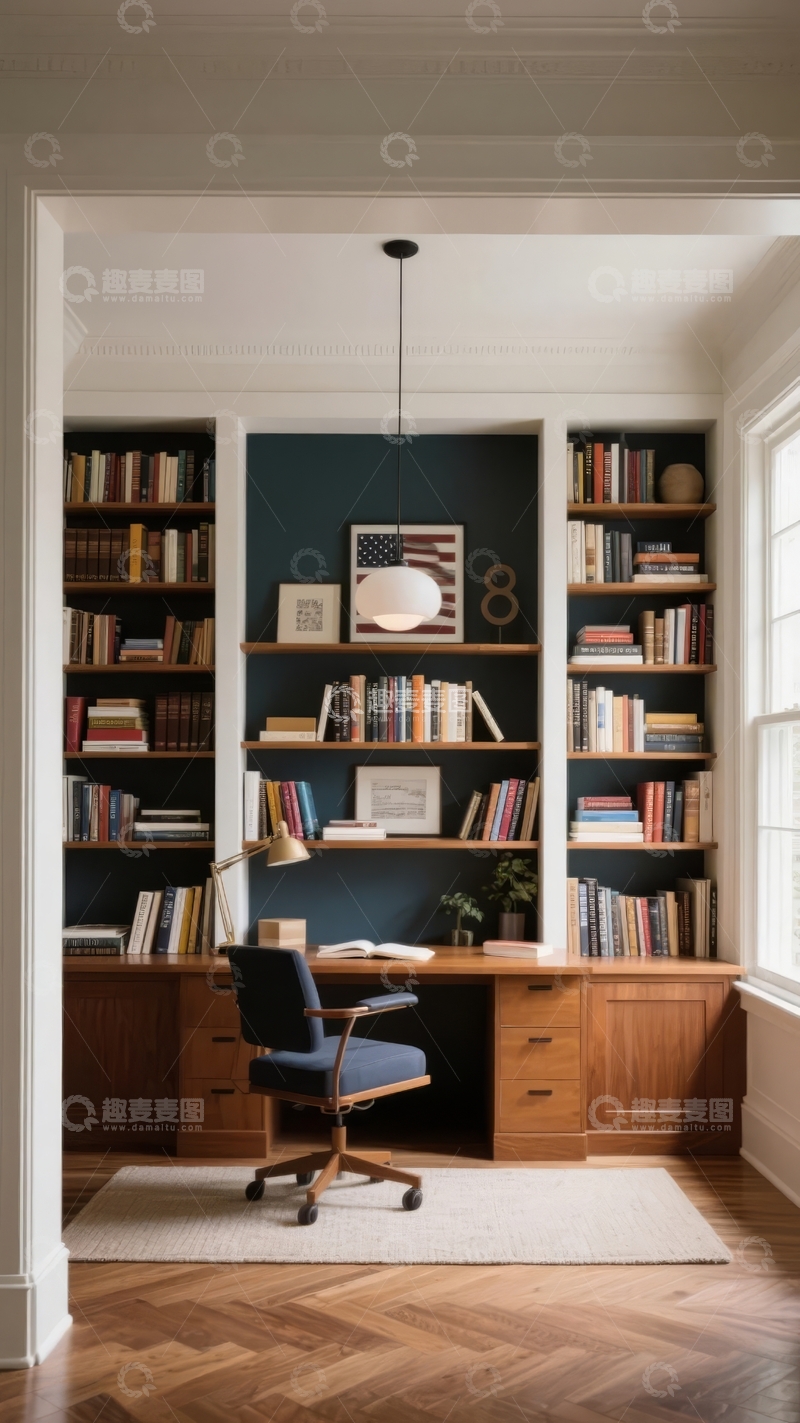 高清大图下载【趣麦麦图】现代书房内书架环绕书桌与吊灯的温馨角落