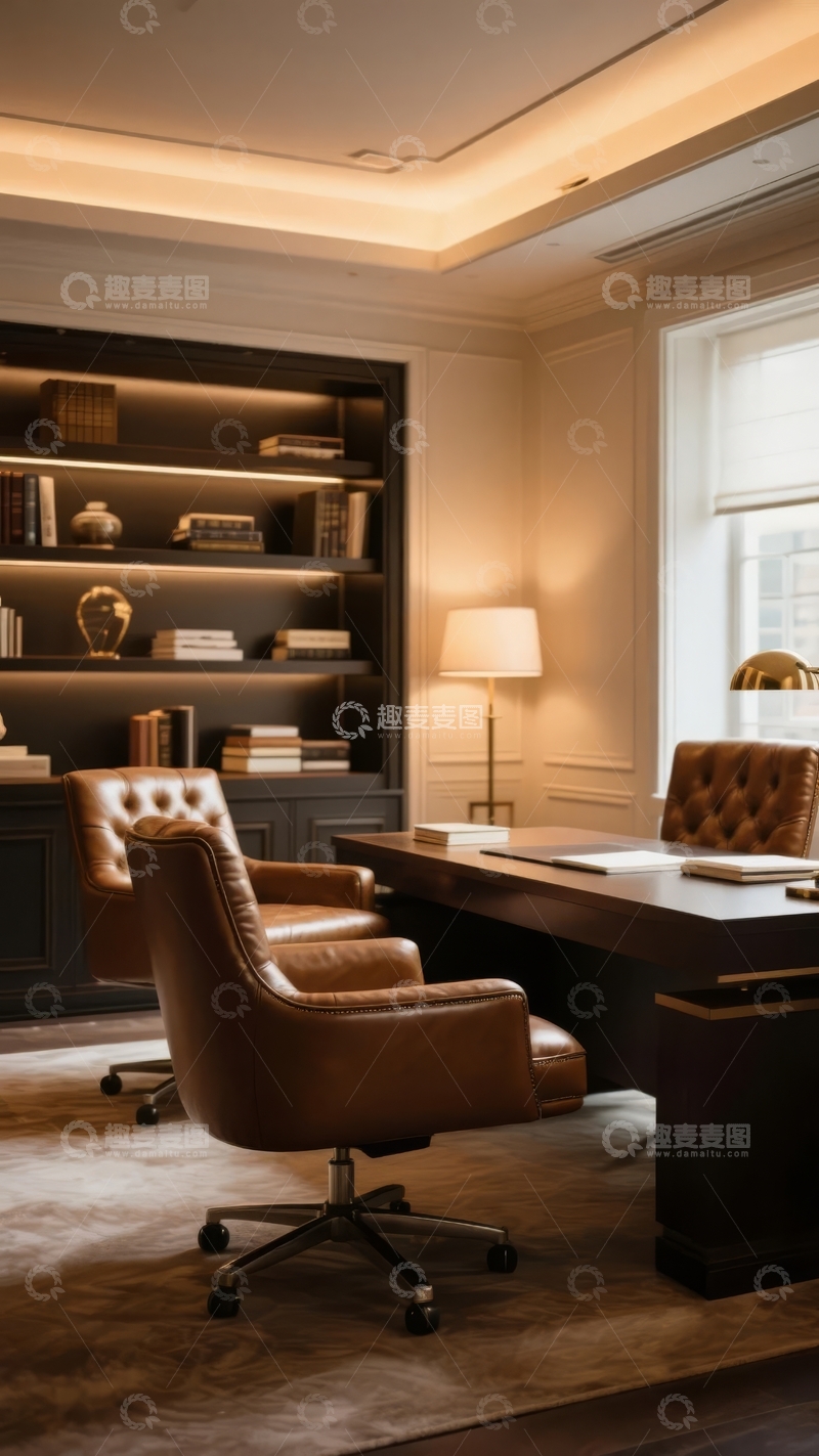 高清大图下载【趣麦麦图】现代豪华办公室内景配有书架和舒适座椅