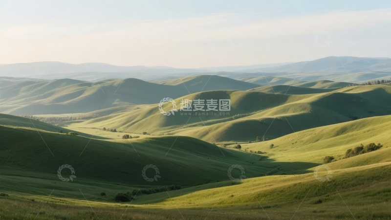 高清大图下载【趣麦麦图】阳光洒在连绵起伏的绿色山丘上