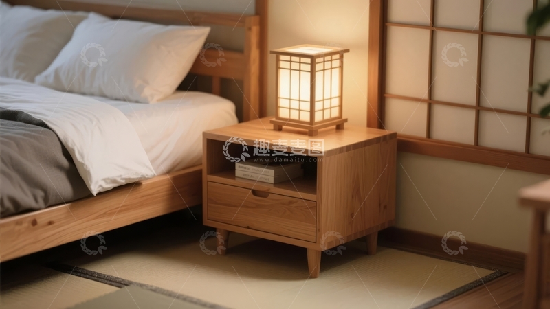 高清大图下载【趣麦麦图】日式风格卧室床边木质床头柜与台灯