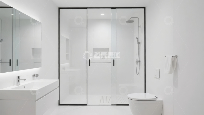 高清大图下载【趣麦麦图】现代简约风格的白色浴室配有玻璃淋浴间和双洗手池